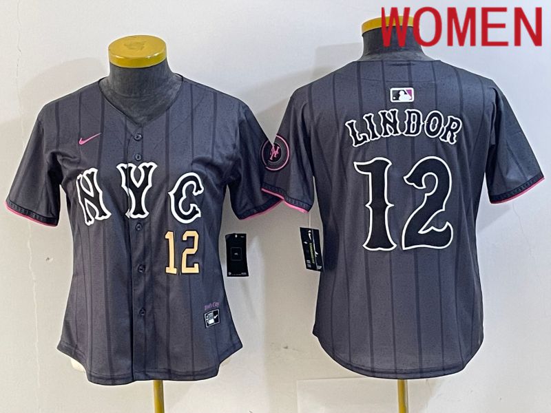 Women New York Mets #12 Lindor Black City Edition 2024 Nike MLB Jersey style 3->women mlb jersey->Women Jersey